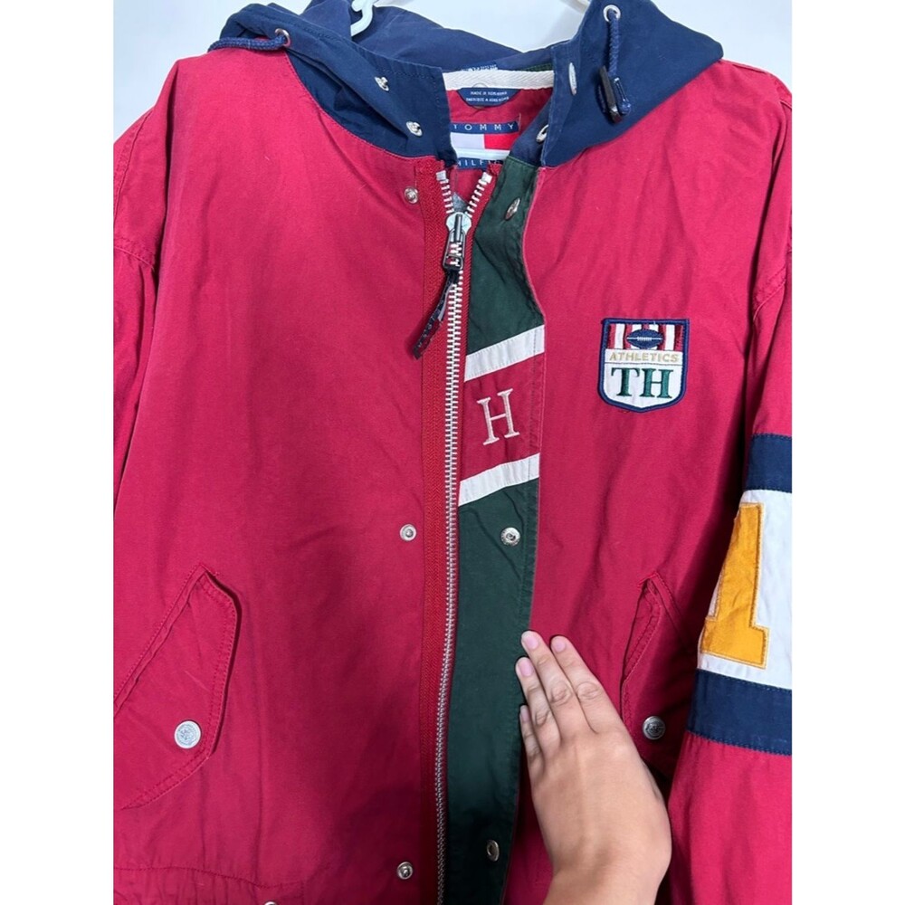 Vintage 90s 1990s Tommy Hilfiger Navy, Red Hooded wool lined rain Jacket XL - Picture 3 of 10